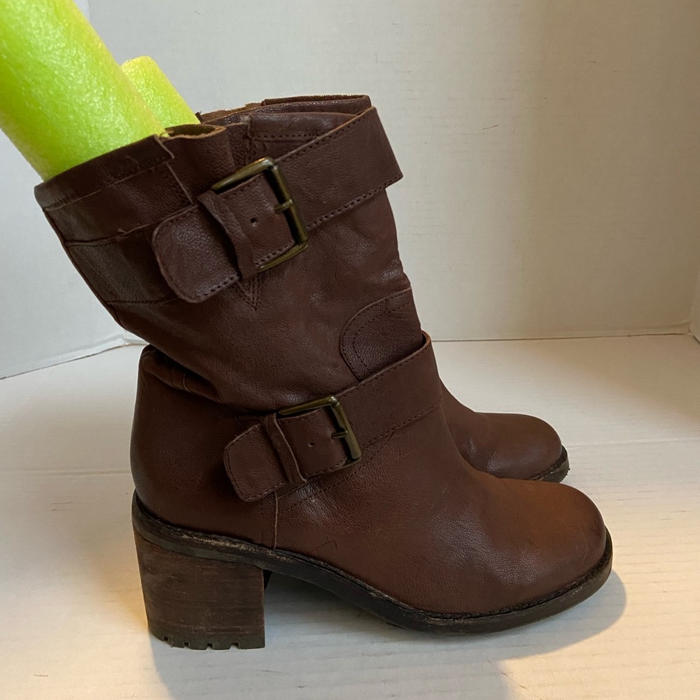 Sam Edelman Leather Boots Booties Womens Buckles Short Biker Moto Brown Sz 8.5M